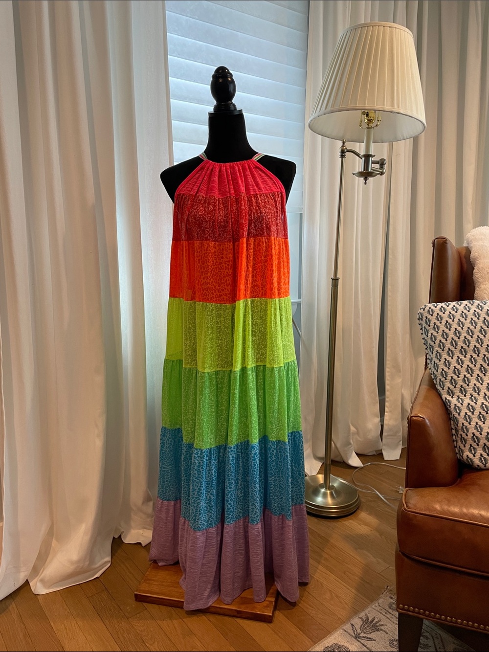 Pitusa Rainbow Tiered Halter Maxi Dress - Red, Orange, Green, Blue, Purple